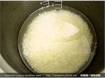 step2: 將白米來回清洗乾淨後，以1：1的配置比例，分別將白米與水放入至電子鍋中。
