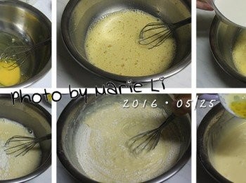 step2: 工作鋼盆中先將三顆蛋打進去
加上細砂糖一起用打蛋器打至蛋液產生泡沫
倒入鮮奶再用打蛋器拌打均勻
加入過篩好的粉類進去快速拌勻成糊狀
最後將橄欖油加進去調勻
