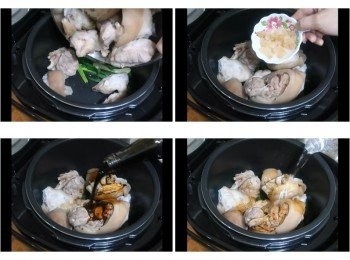 step5: 之後除了茶葉包外，
將所有<span class="group_1">材料</span>和<span class="group_2">調味</span>都加入內鍋中，
蓋好鍋蓋關蓋鎖，然後依喜好口感按下功能鍵，
讓微電腦壓力萬用鍋自動完成燉滷

微電腦壓力萬用鍋因有3種不同口感選擇，
所以運用上很彈性，要Q彈要軟嫩都沒問題