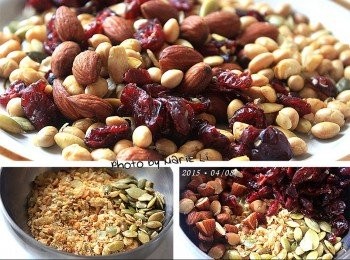 step3: 準備：

綜合堅果：            100g

先將《綜合堅果》中的蔓越莓、杏仁、大豆和南瓜子分開來
蔓越莓切成小塊狀；杏仁橫向切半
因為我不愛大豆的口感，所以特別將它碾碎
南瓜子則保留原本的樣子。
