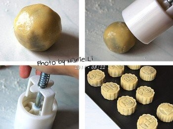 step6: 包好餡料的月餅先灑上一點低粉
用壓模覆蓋住麵糰後
固定住底部穩定以免移位
使點力氣將壓模往下壓
輕輕收回壓模彈簧
壓模抬離桌面後再按壓一次
即可將月餅輕易取出

看到壓好的月餅，一整個興奮到尖叫
是不是超漂亮的啊，有沒有、有沒有？？