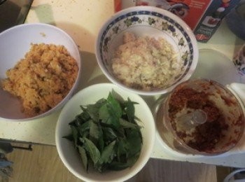 step1: 將所有<span class="group_1">食材</span>《咖哩葉除外》，加入攪拌機攪碎。