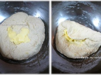 step3: 5 這時把室溫軟化掉的奶油包進麵團裡，搓揉進去