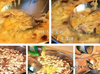 step5: 鍋中先加入八分滿的水
袖珍菇先入鍋一起熬煮至湯熱
倒進濃湯調理包快速拌勻以免結塊
放進酌量的玉米粒
湯滾後打個蛋花進去就完成了~