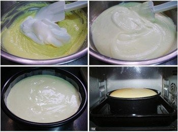 step7: 然後取1小部份步驟6完成的蛋白霜和步驟5的乳酪糊拌勻ˊ
讓彼此密度更接近ˊ 
(這樣做除了後續更容易拌勻ˊ也相對縮短攪拌均勻的時間) 
可以防止過度攪拌麵粉出筋ˊ甚至蛋白霜消泡喔。 
最後再將兩者結合再次拌勻成細緻麵糊ˊ
然後倒於事先處理好的烤模ˊ 輕敲幾下ˊ
讓表面自然平滑ˊ接著送入事先盛放熱水預熱好的烤箱ˊ
 用隔水烘烤方式ˊ先160度c烘烤20分鐘ˊ
再調降至140度c烘烤40分鐘ˊ 
完成前如果表面未達上色效果移至最上層再烘焙約5分鐘即可