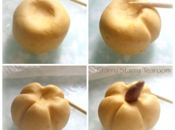 step3: 將粉圈分成6-8等份，再用竹籤，按照圖中打方法壓紋，造成南瓜形狀。