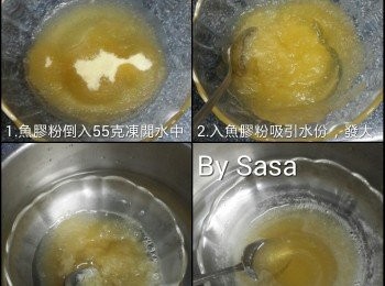 step3: 魚胶粉加凍開水浸開，

隔熱水溶化成液態