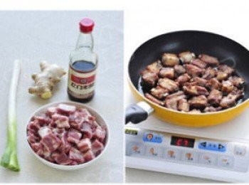 step2: 平底不粘鍋中倒入油（比平時炒菜多一倍），大火加熱，待油7成熱時改成中火，倒入排骨塊，用筷子邊翻動邊煎。煎至排骨變熟，顏色為淺棕色後，將排骨撈出。