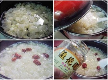 step4: 準備一適合湯鍋ˊ擺入處理好白木耳ˊ蓮子ˊ並加入足量水煮滾ˊ
水滾後改用小火ˊ蓋上鍋蓋續煮約25~30分鐘ˊ
最後完成前5分鐘再加入紅棗ˊ桂花釀蜂蜜