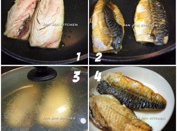 step2: 燒熱油，鯖魚皮向下煎1分鐘，反面煎40秒，再反回皮那面煎1分鐘，灒酒加蓋，關火焗1分鐘，放涼拆肉。