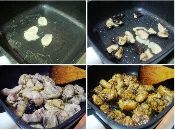 step3: 鍋放入1茶匙油燒熱ˊ先煸香薑片ˊ
接著加入香菇拌炒出香氣ˊ
然後加入雞腿肉拌炒至表面金黃焦香ˊ
嗆入米酒或紹興酒ˊ醬油ˊ略滾上色