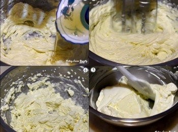 step4: 5.接著將液狀的吉利丁倒入奶油糊中，以電動攪拌機打至均勻
再自冰箱取出先前打發的法國鐵塔牌動物性鮮奶油，以橡皮刮刀以翻拌的方式匀