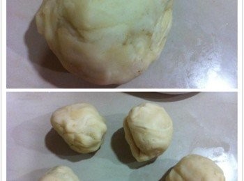 step3: 把麵團取出，等稍微冷一下，用雙手搓成圓形，然後分割成5份，每份大概180g左右。