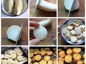 step2: 煎鍋中放入少許油，放入薑片，油溫上來的時候放入杏鮑菇煎至兩面金黃，這裡放的油要稍微有點多才行，因為一開始杏鮑菇挺吸油的，不過當杏鮑菇煎軟了以後，油會泛出來的。