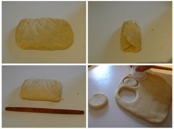 step2: 先在一個平台上灑些許麵粉，將麵粉糰放到上面做成長方形狀。將長方形的麵粉糰如圖折成三摺，用擀麵棍稍為擀一下。這時候會有點龜裂，所以要重複這個動作三次直到表皮滑順！