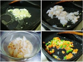 step2: 鍋內放入油1大匙燒熱ˊ然後先爆香蔥白末和薑末ˊ
接著加入蟹腿略為拌炒至7~8分熟ˊ
然後先盛起備用ˊ
用原鍋留下的油將3色蔬菜略為拌炒