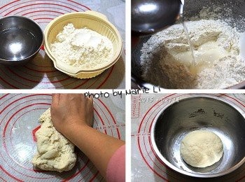 step3: 製作《麵皮》：

中筋麵粉：       150g
溫水：            75g

溫水，是以手摸不燙
在40度以下的水溫為主

將水慢慢注入中筋麵粉當中
仔細混合成糰後搓揉成光滑麵糰
蓋上濕布或保鮮膜
靜置半個小時的時間醒麵