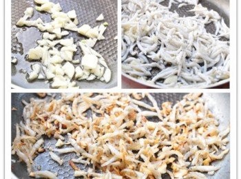 step2: 先以蒜末爆香後，再放入吻仔魚慢火煸炒至金黃起鍋