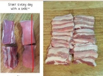 step3: 煮一鍋滾水。 煮水時將豬五花條對切成適當的長度，皮下肉上的從側面切片（切的方向如左圖的紅色標示）。 註：帶皮口感較Q,不喜歡者可去皮。 如買到五花肉片則可省去切肉的麻煩喔～