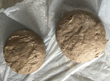 step2: 待第一次發酵完成後，取出麵團於工作台上，灑點高筋麵粉。用手按壓麵團，擠出空氣，分成兩份。滾圓，蓋上發酵布，靜止15分鐘。(如無發酵布，可用濕布代替。)