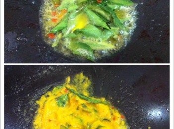 step4: 起新鍋，把牛油和咖喱葉下鍋爆香，然後加入小辣椒，鹽巴，金瓜泥炒拌均勻。