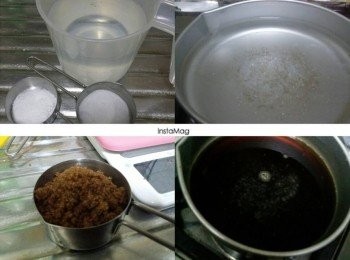 step1: 先把砂糖和蒟蒻粉放在鍋裡混合，加水拌勻。