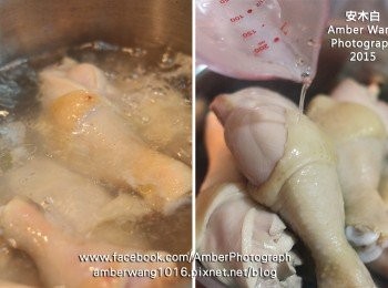 step2: 煮一鍋水，水滾後雞腿放入汆燙一會，撈起雞腿後淋熱水沖洗一下，之後把水倒掉。