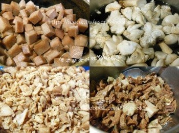 step3: 豆干切成適當大小先滷入味，蘿蔔乾和素火腿及香菇一一分開炒香，竹筍切小塊燜煮熟調味，杏鮑菇頭切大塊炒出水分，加入素肉滷汁滷煮。(如果粽子用水煮法，建議蘿蔔乾味道不要泡太淡，水煮過才夠味，調味料隨個人喜好。)