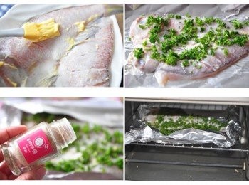 step2: 先將馬頭魚一夜干取出，塗抹適量的無鹽奶油，在灑上剁碎的巴西利葉，再灑入梅子粉，放入預熱烤箱上下火200度烤約25分~30分鐘即可