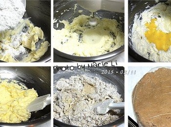 step4: 一樣先將已經軟化的奶油在工作鋼盆中打散
分兩次加入糖粉，用攪拌器打至糖粉融化
再倒入蛋液繼續攪打成乳化狀
最後再分次加進已混合的低筋麵粉和可可粉
用刮棒拌勻成糰即可裝入袋中
送進冰箱冷藏半個小時


※文中老師說：
油、糖的比例左右餅乾的酥、鬆、脆、硬
經過攪打的奶油會讓餅乾較為細緻
而奶油也能使用同比例的《有鹽奶油》喔！！！