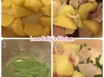 step1: 薯仔去皮切粉、紅洋蔥切片及長青豆切頭尾，所有材料洗乾淨備用；