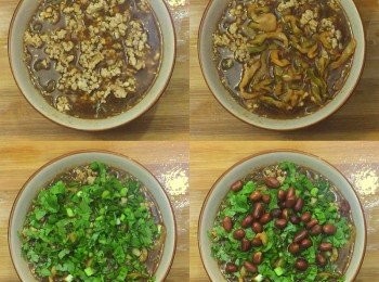 step7: 之後依次鋪上蔥、芫茜、豬肉、炸花生、炸菜及熟芝麻即成