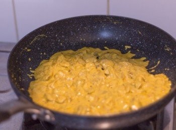 step10: 加入牛奶，鹽及咖哩粉拌勻，邊攪邊煮至雞肉熟透及汁料厚身濃稠為止
