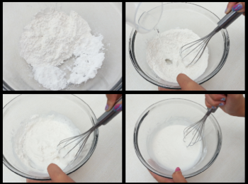 step3: 將65ml水 加入粘米粉、澄麵和木薯粉中，攪匀至無粉粒，備用。