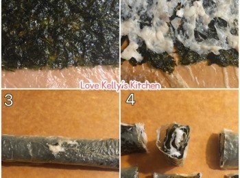 step1: 紫菜鋪在腐皮上，然後在紫菜上塗上墨魚滑，將佢地卷埋一條，一開六；