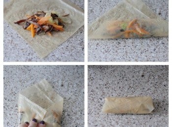 step4: 將一塊腐皮放在枱上，在中下方位置放上餡料，底部向上摺，左右兩邊向內摺，然後向上捲，用少少生粉水封口