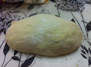 step4: 輕輕的用雙手壓出多餘的空氣，然後做成橢圓狀，烤盤灑上適量的高筋麵粉，麵團放上烤盤，表面墳上少許水再一次進行發酵【約1小時】。