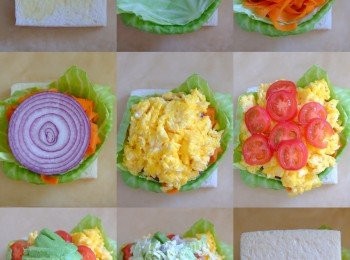 step5: 方包塗上少許牛油；車厘茄和牛油果切片。
取一張大牛油紙或保鮮紙，依序上：
方包→2片椰菜→紅蘿蔔→紫洋蔥→炒蛋→車厘茄切片→牛油果片→椰絲沙律菜→方包