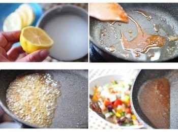 step6: 再運用約3大匙的餘油加熱，放入二砂糖煸香後，放入新鮮檸檬汁和玉米粉水滾煮攪拌成芡汁，最後再熱騰騰淋上料理