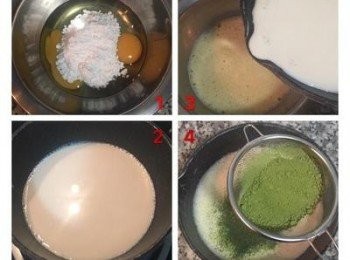 step2: 牛奶加熱到鍋邊起泡, 加熱的同時把蛋和糖拌勻。牛奶夠熱後，緩緩倒入蛋糖液中且要邊倒邊攪拌。接著再篩入抹茶粉,並攪拌均勻.