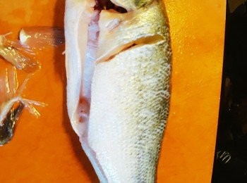 step2: 魚洗淨抺乾後先剪走魚鯺及尖剌的部位, 再在魚鰓,魚肚及上方(圖我未介)各介一刀然後沿切口切開起肉