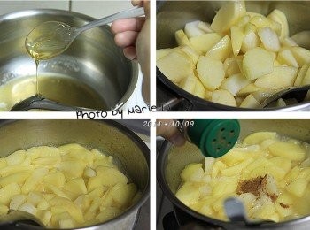 step2: 先把奶油放進鍋中用瓦斯爐小火煮至融化
倒進《龍眼蜂蜜》和處理好的《蘋果+水梨》
一起熬煮至水果軟嫩、湯汁收乾
倒進少許肉桂粉提味
拌勻熄火，放涼備用‧‧‧