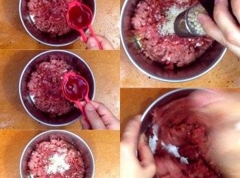 step1: 碎豬肉加入醃料拌勻，醃15－20分鐘