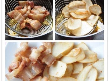 step2: 先把五花肉放到油鍋煸至金黃後撈起，再放入杏鮑菇油炸(這樣的順序可讓杏鮑菇片吸收五花肉的香氣)