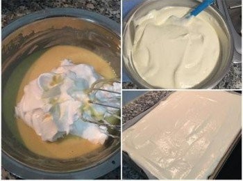 step5: 倒入鋪了烘焙紙的烤盤上抹平，敲模。入烤箱160度烤12分鐘，取出轉頭再烤10分鐘(顏色才會均勻喔)。