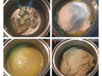 step2: <span class="group_2">泡芙</span>： 
1.奶油+水+鹽+糖 中火煮滾 
2.煮滾後關火 
3.篩入中粉 
4.拌勻到麵團光滑