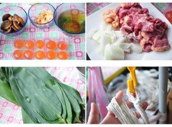 step1: 備料準備:圓糯米先浸泡水2小時(忘記拍照了)，乾香菇與乾蝦米浸泡溫水軟化(香菇水留取備用)；沙朗牛排切成小塊狀與洋蔥切丁；粽葉可以稍浸泡蘇打粉水後再反覆沖洗，用溫熱水稍為煮一下撈起瀝乾；還有粽繩找個掛鉤吊起來喔~