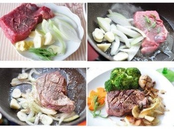 step2: 接著取出牛排料理<span class="group_1">食材</span>，將奶油、蒜片、洋蔥下鍋拌炒，放入牛排片及迷迭香香煎，再灑上玫瑰鹽及黑糊椒粒、義大利香料，煎至7分熟後起鍋擺盤