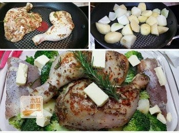 step3: 3. (如圖)依次放入焗盤，洋蔥，薯仔，西蘭花，雞腿，迷迭香，牛油(放係雞腿面上可以令雞皮變得更金黃色)