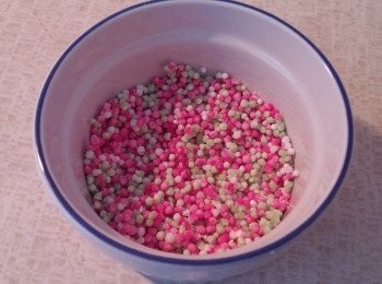 step2: 西米倒入容器內，加入少許水沉過。用筷子輕輕攪勻，直至肯定西米已吸過水份。